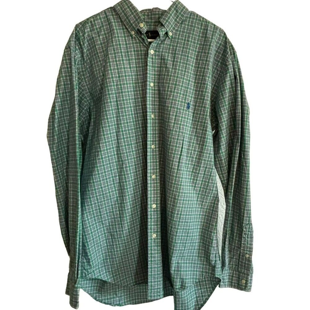 Ralph Lauren Shirt Men Large Tall Green Plaid Button Down Cotton Dress Shirt